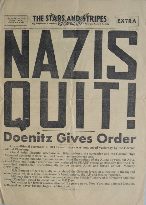 Titelblatt der Stars & Stripes vom 8. Mai 1945 mit einem Bericht über die deutsche Kapitulation. (AlliiertenMuseum)