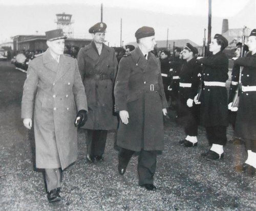 French General Garneval and his English guest Lord Tedder taking a parade in Berlin-Tegel.